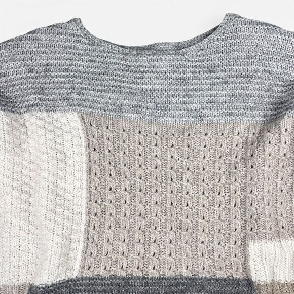 LOFT Sweater Womens Large Fuzzy Wool Gray Beige‎ Cream Colorblock Patchwork - Picture 3 of 11